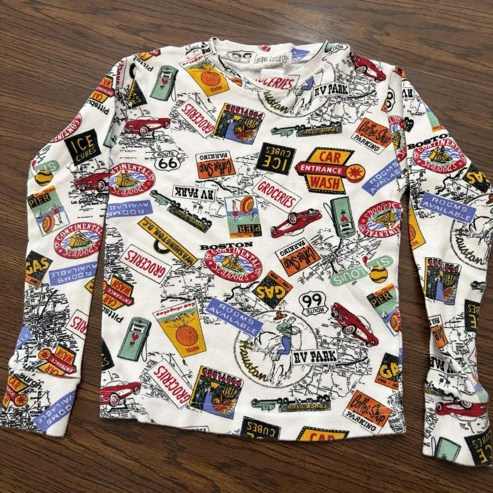 Vintage Leapin' Lizard Kids Pajama Top Size 8 Route 66 Road Trip Graphics USA
